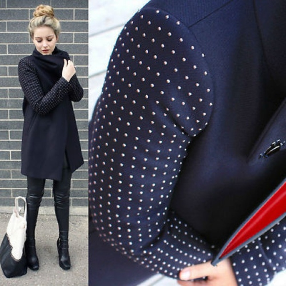 Zara navy coat with studded sleeves seen on gossip girl - Picture 3 of 15